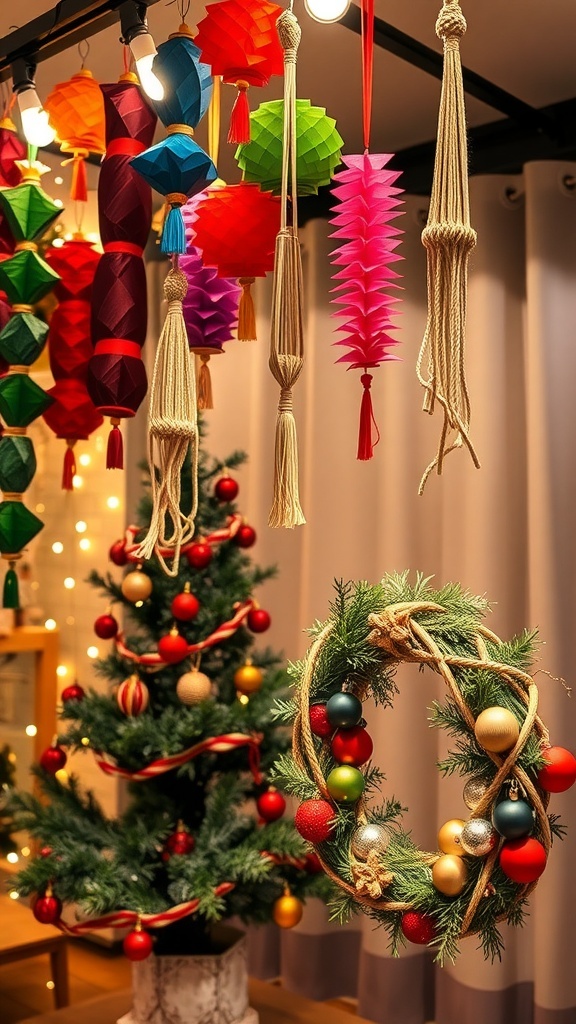 A collection of 70s inspired Christmas decorations including paper chains, macramé ornaments, and a vintage wreath, illuminated by string lights.